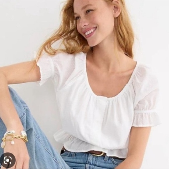 J. Crew White Gathered Scoop Neck Swiss Dot Short Sleeve Top - Picture 2 of 6